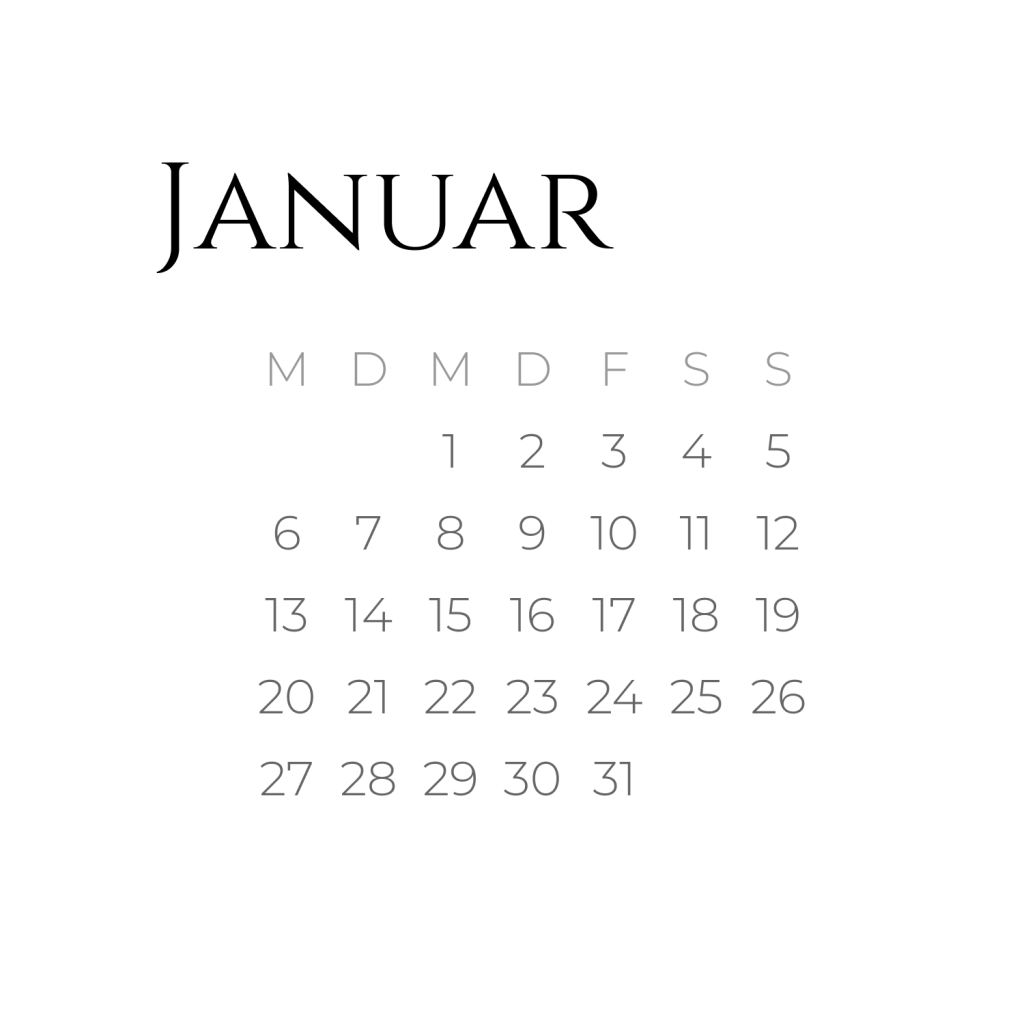 Kalenderblatt Januar 2020 Schriftart Cinzel