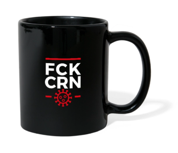 schwarze Tasse mit Aufschrift "fck crn" als Design zu Corona-Verhaltensregel
